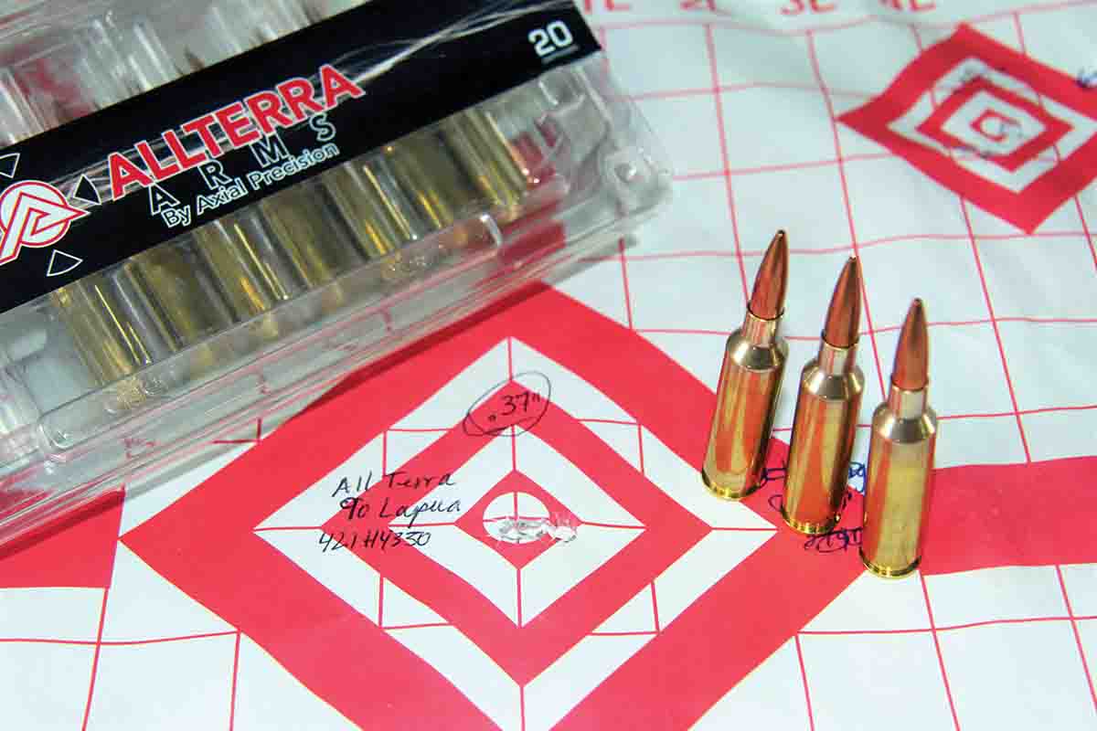 AllTerra supplied tailored handloads including 95-grain Lapua Scenar-L bullets and Hodgdon H-4350 powder. While AllTerra shooters produced groups of .19 to .248 inch, Patrick could only manage .37 inch after many tries.